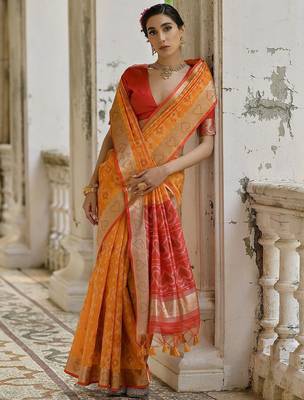 Fire Mustard Ethnic Motifs Woven Design Zari Ikkat Silk Sarees 3