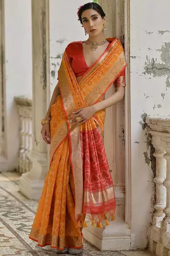 Fire Mustard Ethnic Motifs Woven Design Zari Ikkat Silk Sarees