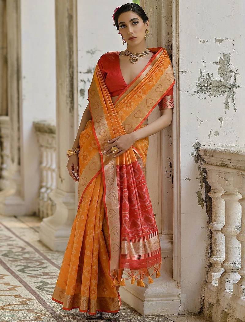 Fire Mustard Ethnic Motifs Woven Design Zari Ikkat Silk Sarees