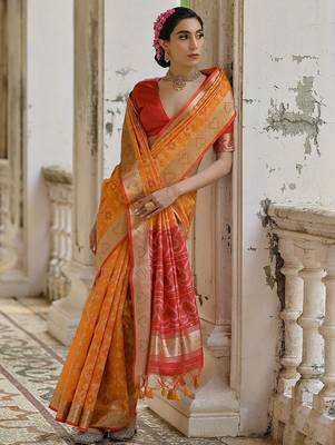Fire Mustard Ethnic Motifs Woven Design Zari Ikkat Silk Sarees 4