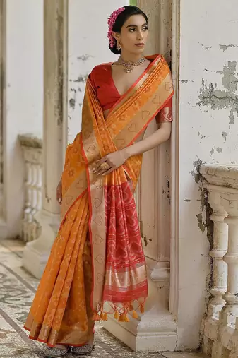 Fire Mustard Ethnic Motifs Woven Design Zari Ikkat Silk Sarees