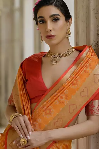 Fire Mustard Ethnic Motifs Woven Design Zari Ikkat Silk Sarees