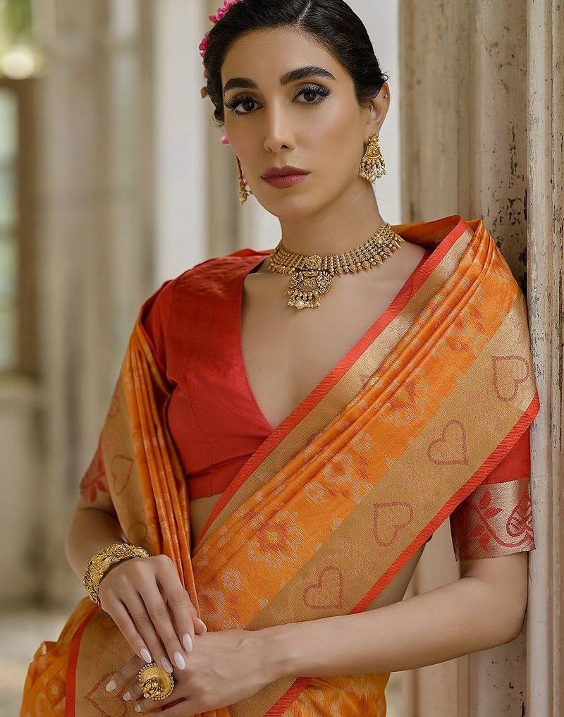 Fire Mustard Ethnic Motifs Woven Design Zari Ikkat Silk Sarees