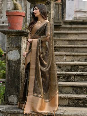 Tortilla Coffee Woven Design Linen Silk Zari Butti Weaves Saree 2