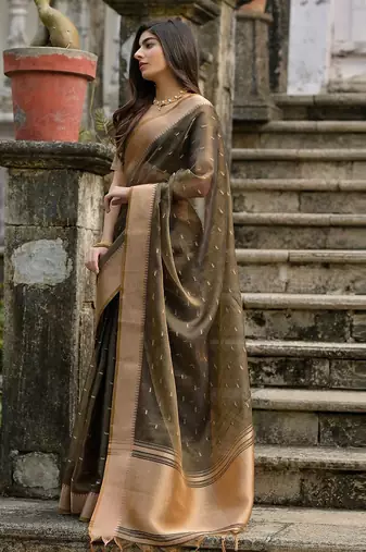 Tortilla Coffee Woven Design Linen Silk Zari Butti Weaves Saree