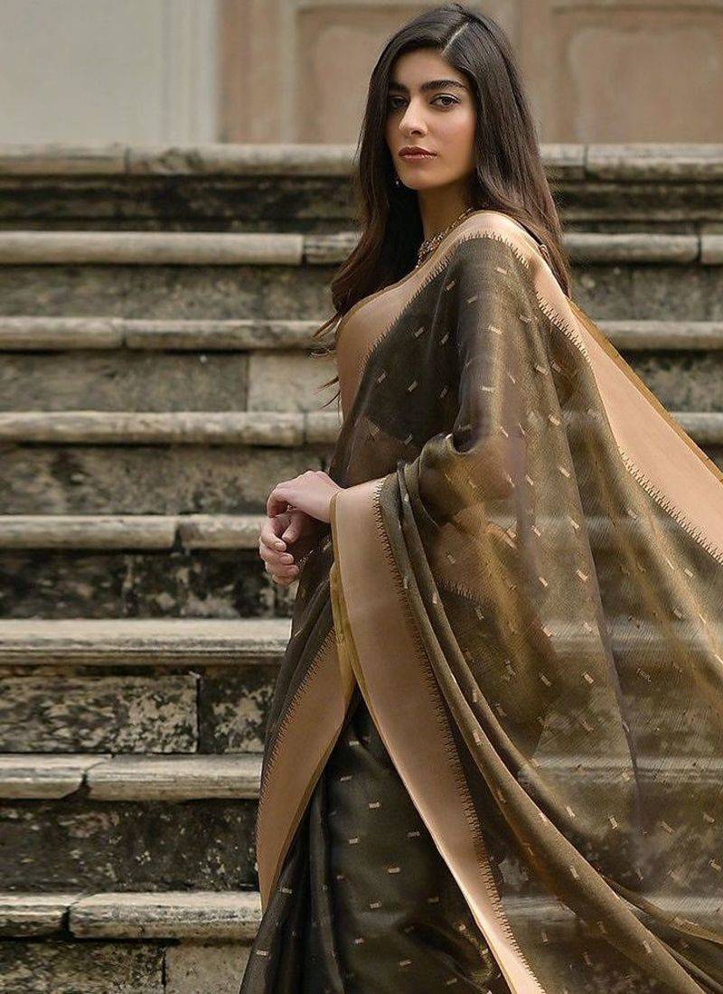 Tortilla Coffee Woven Design Linen Silk Zari Butti Weaves Saree