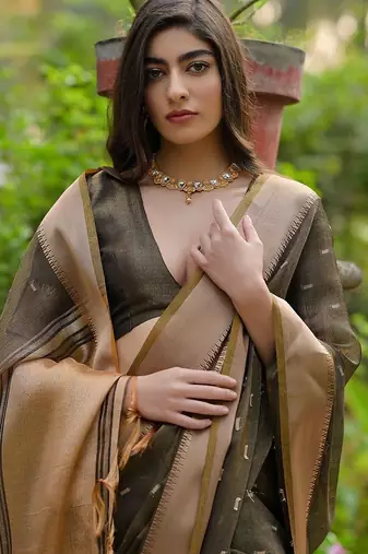 Tortilla Coffee Woven Design Linen Silk Zari Butti Weaves Saree
