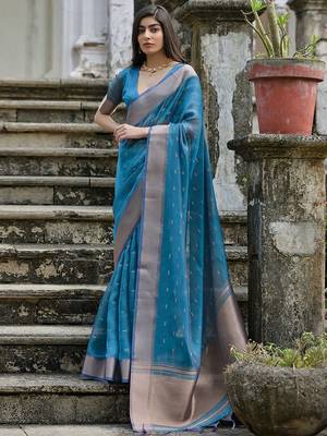 Cerulean Firozi Woven Design Linen Silk Zari Butti Weaves Saree 1