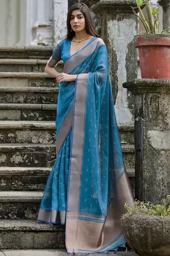 Cerulean Firozi Woven Design Linen Silk Zari Butti Weaves Saree