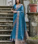 Cerulean Firozi Woven Design Linen Silk Zari Butti Weaves Saree