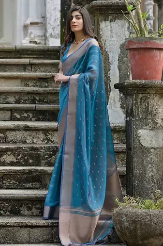 Cerulean Firozi Woven Design Linen Silk Zari Butti Weaves Saree