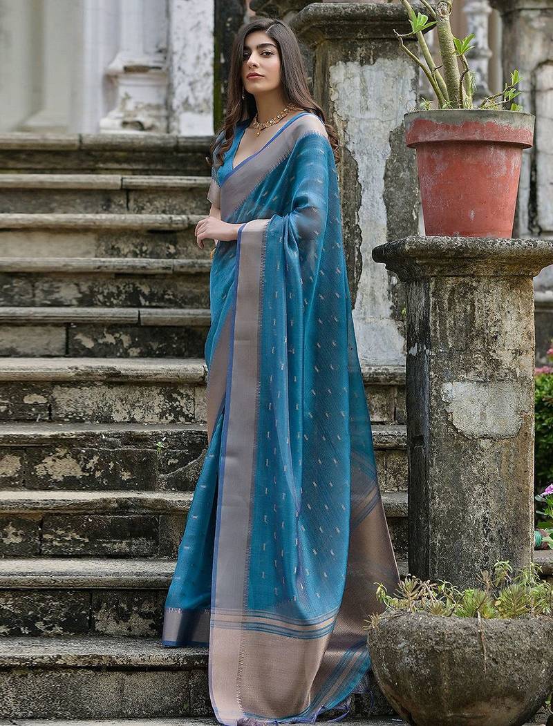 Cerulean Firozi Woven Design Linen Silk Zari Butti Weaves Saree