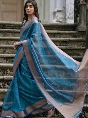 Cerulean Firozi Woven Design Linen Silk Zari Butti Weaves Saree 3