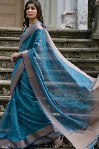 Cerulean Firozi Woven Design Linen Silk Zari Butti Weaves Saree