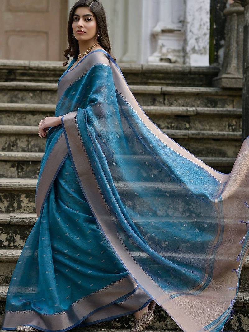 Cerulean Firozi Woven Design Linen Silk Zari Butti Weaves Saree