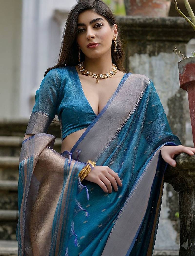 Cerulean Firozi Woven Design Linen Silk Zari Butti Weaves Saree