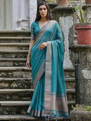 Sky Rama Woven Design Linen Silk Zari Butti Weaves Saree 1