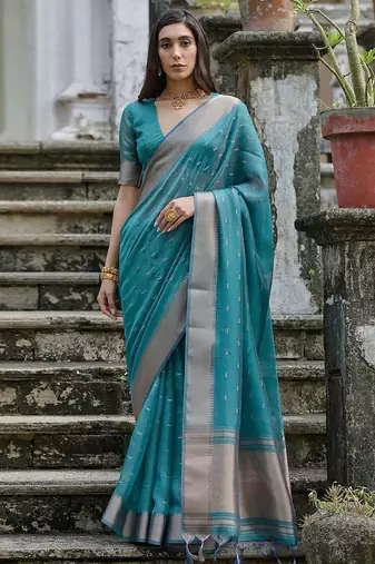 Sky Rama Woven Design Linen Silk Zari Butti Weaves Saree