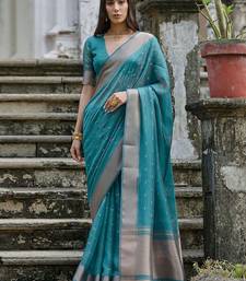 Sky Rama Woven Design Linen Silk Zari Butti Weaves Saree