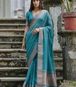 Sky Rama Woven Design Linen Silk Zari Butti Weaves Saree