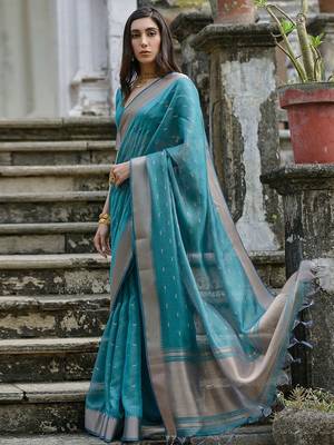 Sky Rama Woven Design Linen Silk Zari Butti Weaves Saree 2