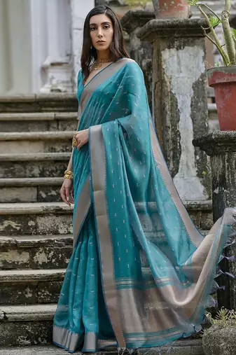Sky Rama Woven Design Linen Silk Zari Butti Weaves Saree