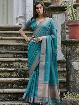 Sky Rama Woven Design Linen Silk Zari Butti Weaves Saree 3