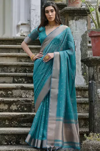 Sky Rama Woven Design Linen Silk Zari Butti Weaves Saree