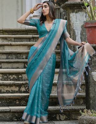 Sky Rama Woven Design Linen Silk Zari Butti Weaves Saree 4