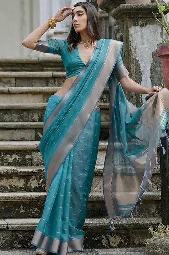 Sky Rama Woven Design Linen Silk Zari Butti Weaves Saree