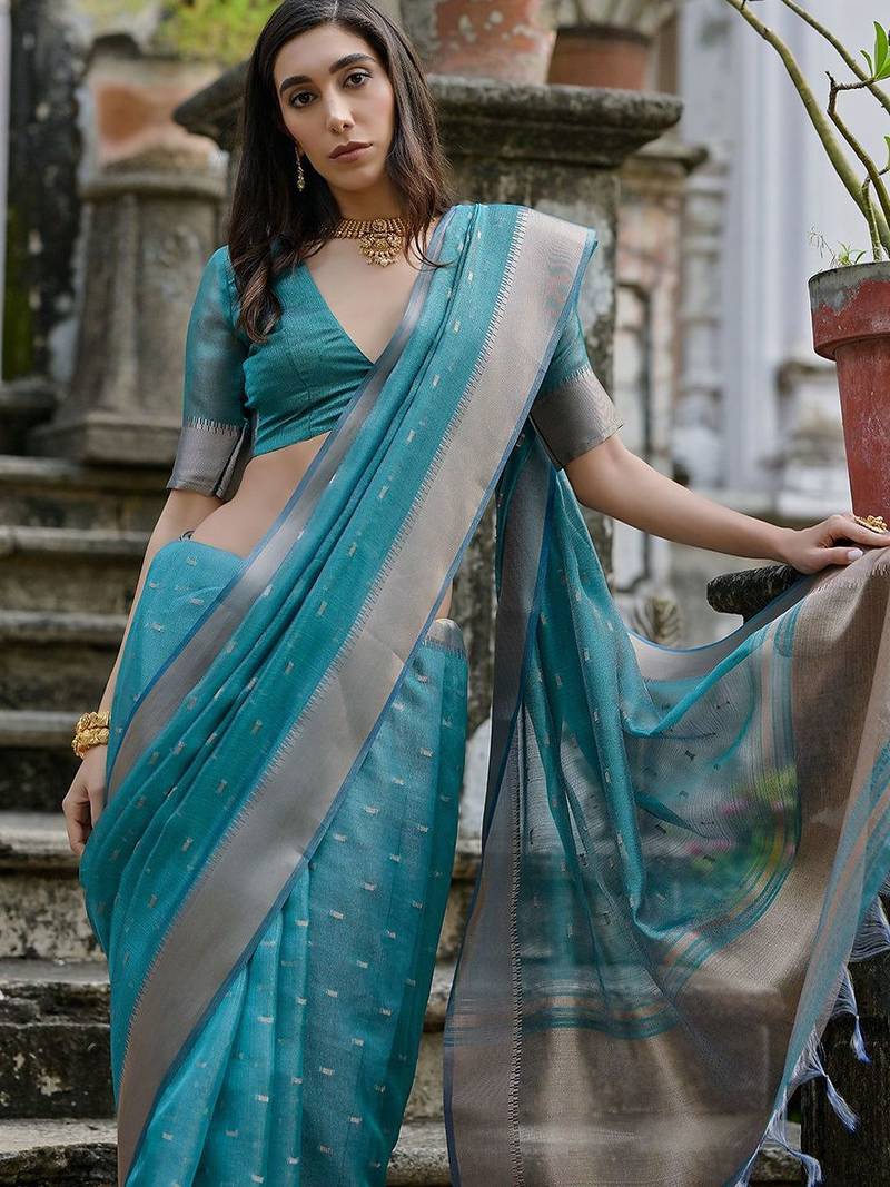Sky Rama Woven Design Linen Silk Zari Butti Weaves Saree