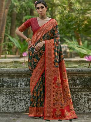Burnt Green Ethnic Motifs Woven Design Zari Pashmina Silk Sarees 1