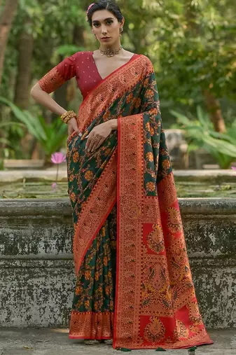 Burnt Green Ethnic Motifs Woven Design Zari Pashmina Silk Sarees