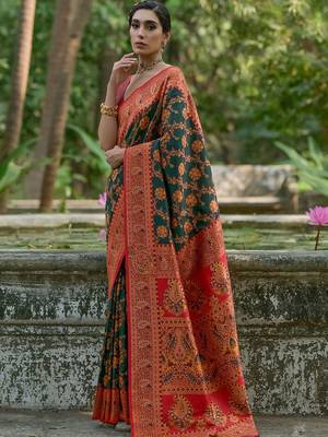 Burnt Green Ethnic Motifs Woven Design Zari Pashmina Silk Sarees 2