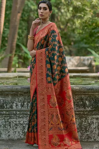 Burnt Green Ethnic Motifs Woven Design Zari Pashmina Silk Sarees