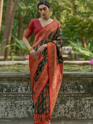 Burnt Green Ethnic Motifs Woven Design Zari Pashmina Silk Sarees 3