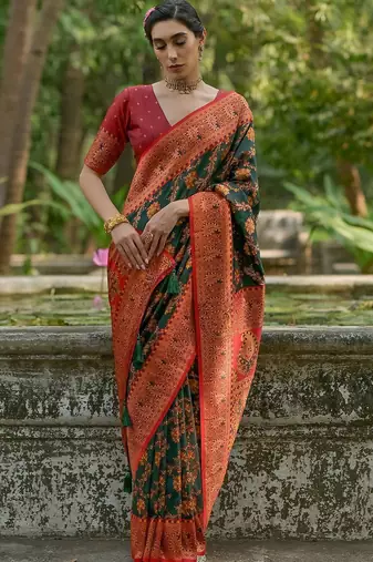 Burnt Green Ethnic Motifs Woven Design Zari Pashmina Silk Sarees