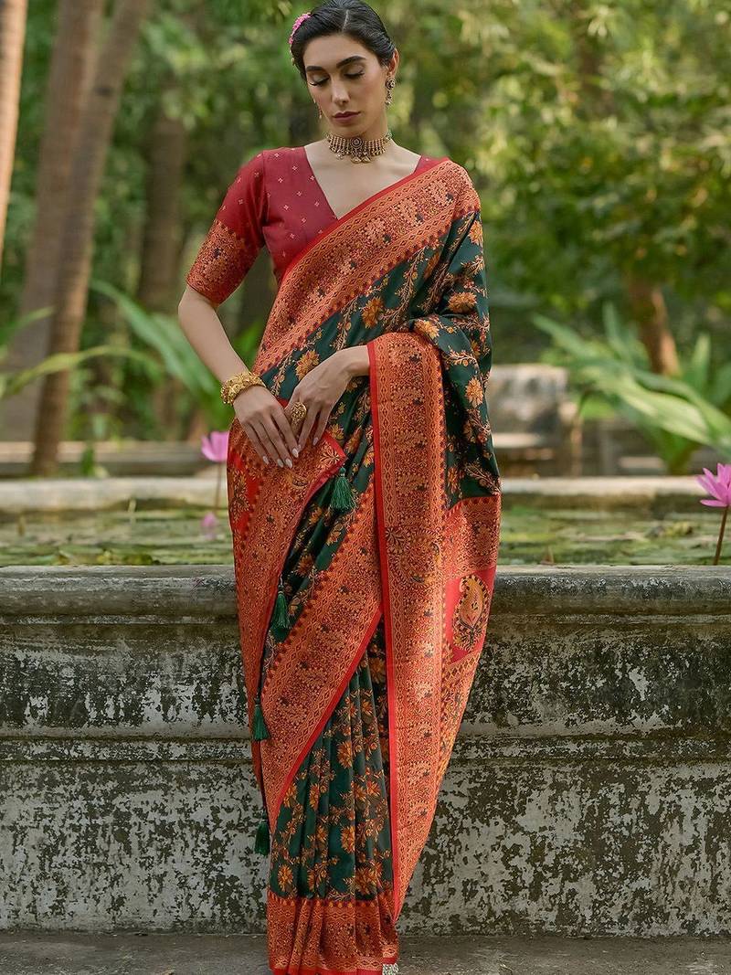 Burnt Green Ethnic Motifs Woven Design Zari Pashmina Silk Sarees