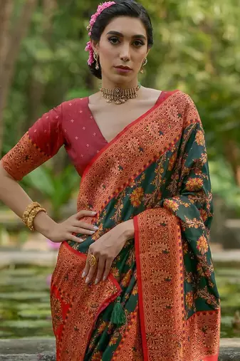 Burnt Green Ethnic Motifs Woven Design Zari Pashmina Silk Sarees