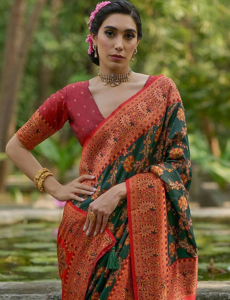 Burnt Green Ethnic Motifs Woven Design Zari Pashmina Silk Sarees