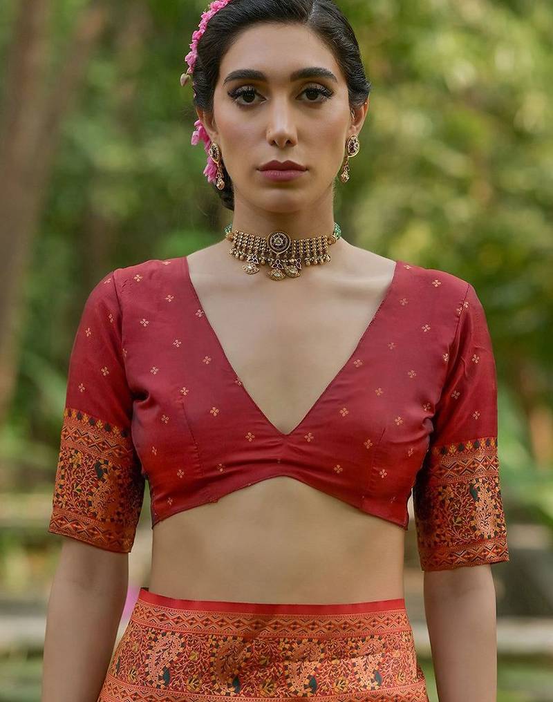 Burnt Green Ethnic Motifs Woven Design Zari Pashmina Silk Sarees
