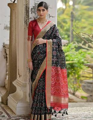 Jet Black Ethnic Motifs Woven Design Zari Ikkat Silk Saree 1