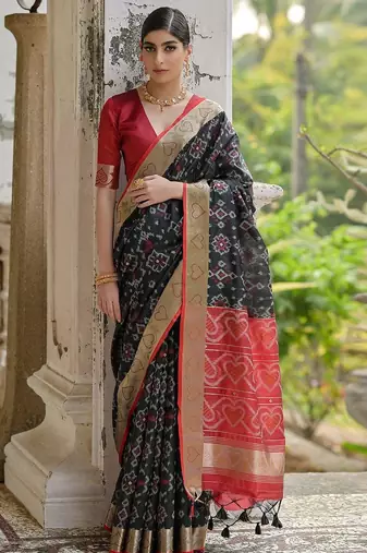 Jet Black Ethnic Motifs Woven Design Zari Ikkat Silk Saree