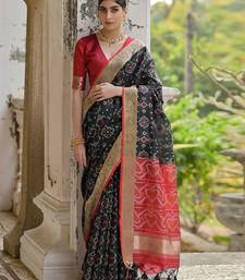 Jet Black Ethnic Motifs Woven Design Zari Ikkat Silk Saree