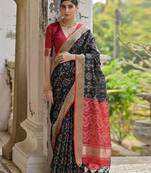 Jet Black Ethnic Motifs Woven Design Zari Ikkat Silk Saree