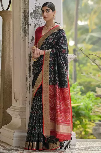 Jet Black Ethnic Motifs Woven Design Zari Ikkat Silk Saree