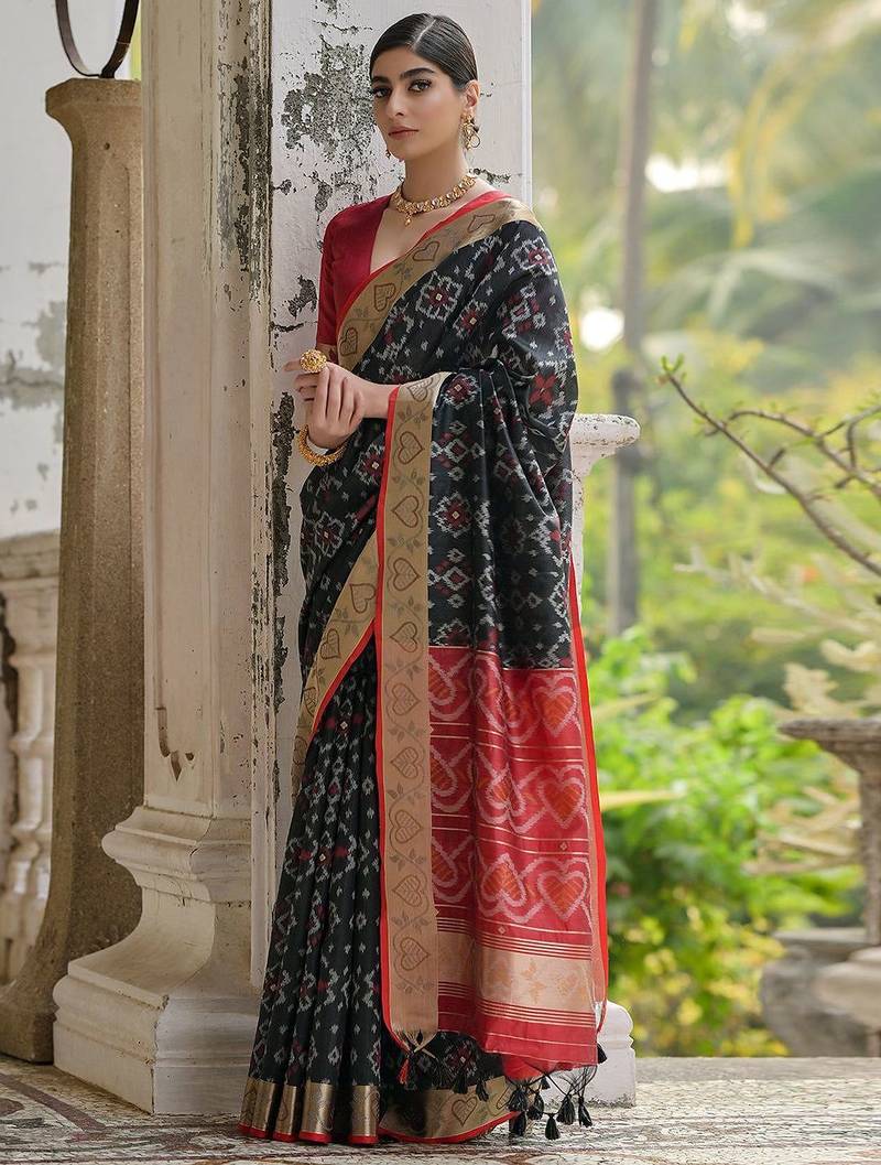 Jet Black Ethnic Motifs Woven Design Zari Ikkat Silk Saree