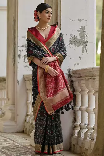 Jet Black Ethnic Motifs Woven Design Zari Ikkat Silk Saree