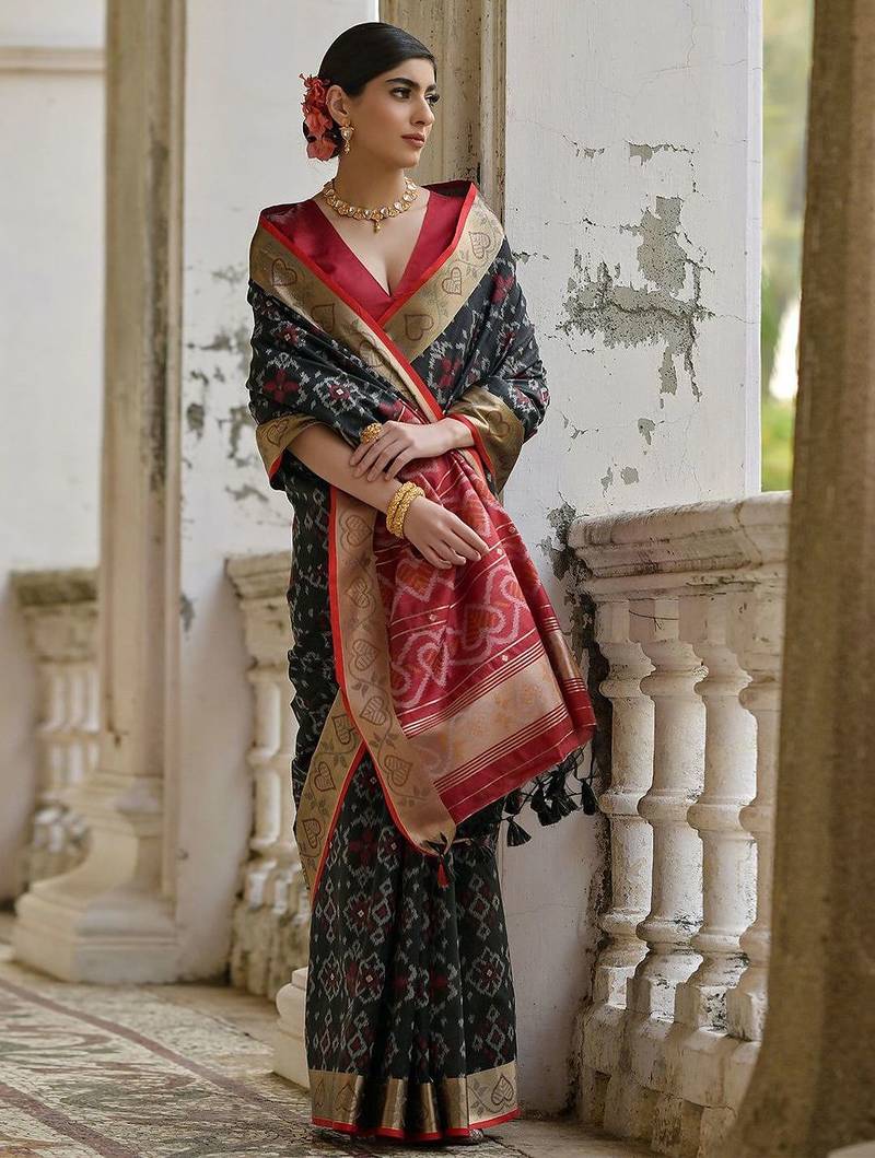 Jet Black Ethnic Motifs Woven Design Zari Ikkat Silk Saree