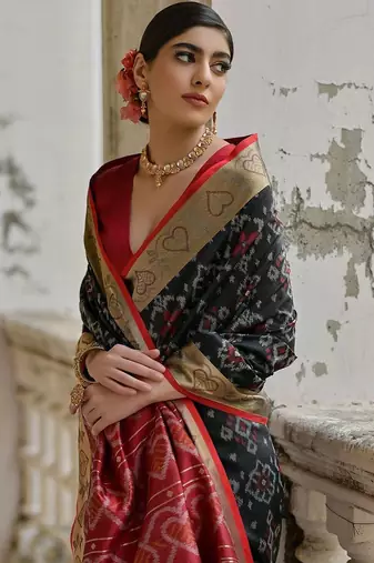 Jet Black Ethnic Motifs Woven Design Zari Ikkat Silk Saree